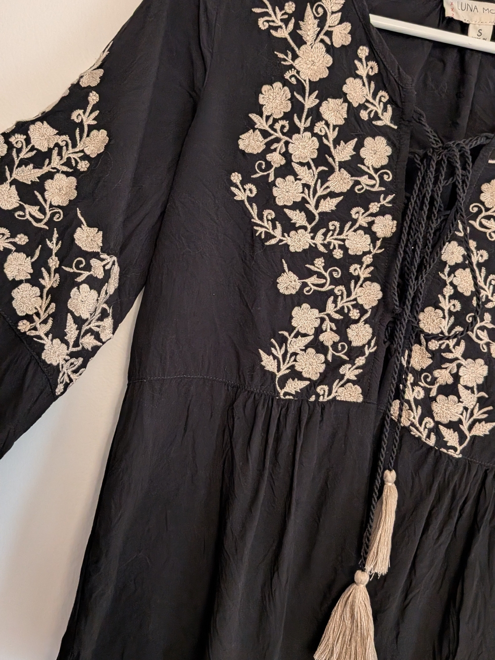Black Embroidered tunic with Cream Floral Detail and tassels